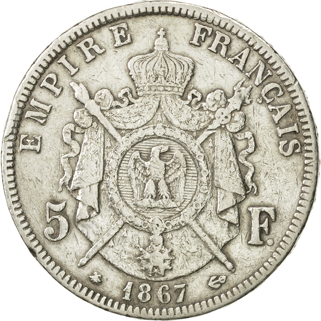 France, Napoleon III, 5 Francs, 1867, Paris, VF(30-35), Silver, KM 799.1