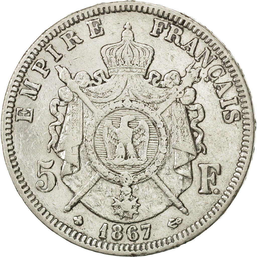 France, Napoléon III, 5 Francs, 1867, Strasbourg, VF(30-35), Silver, KM:799.2