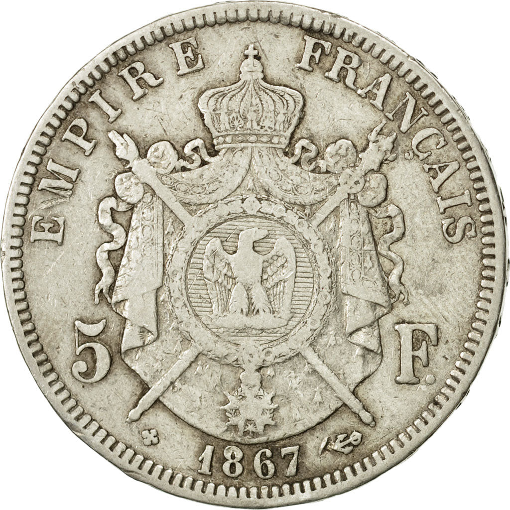 France, Napoléon III, 5 Francs, 1867, Strasbourg, VF(30-35), Silver, KM:799.2