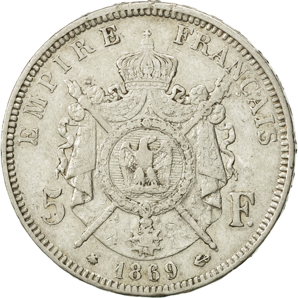 Moneda, Francia, Napoleon III, Napoléon III, 5 Francs, 1869, Paris, MBC, Plata