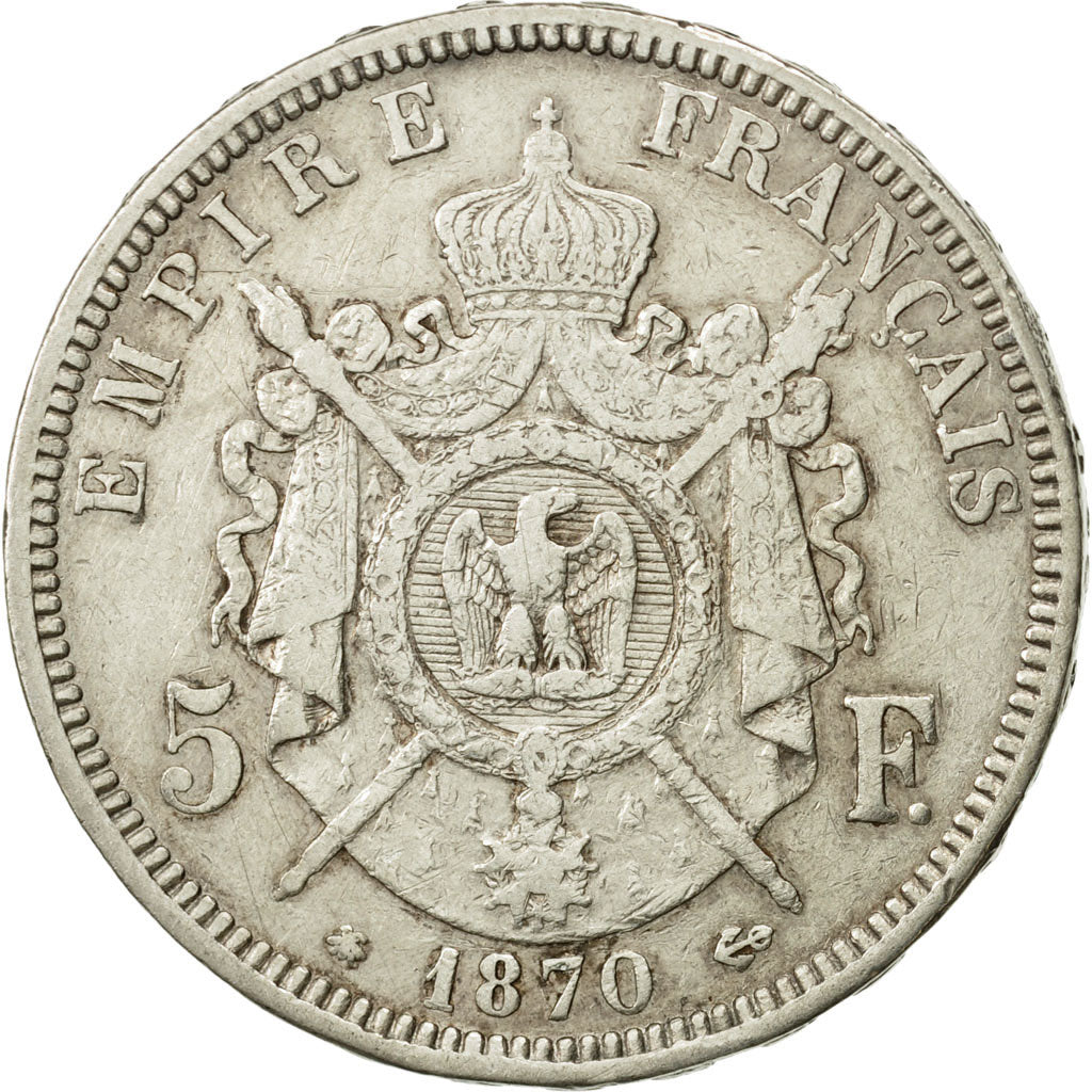 France, Napoleon III, 5 Francs, 1870, Paris, VF(30-35), Silver, KM 799.1