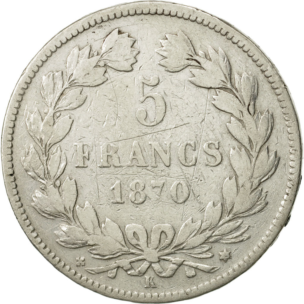 Moneda, Francia, Cérès, 5 Francs, 1870, Bordeaux, BC+, Plata, KM:818.2