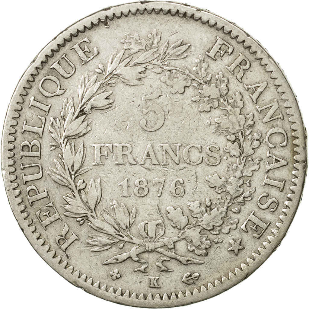 Moneda, Francia, Hercule, 5 Francs, 1876, Bordeaux, BC+, Plata, KM:820.2
