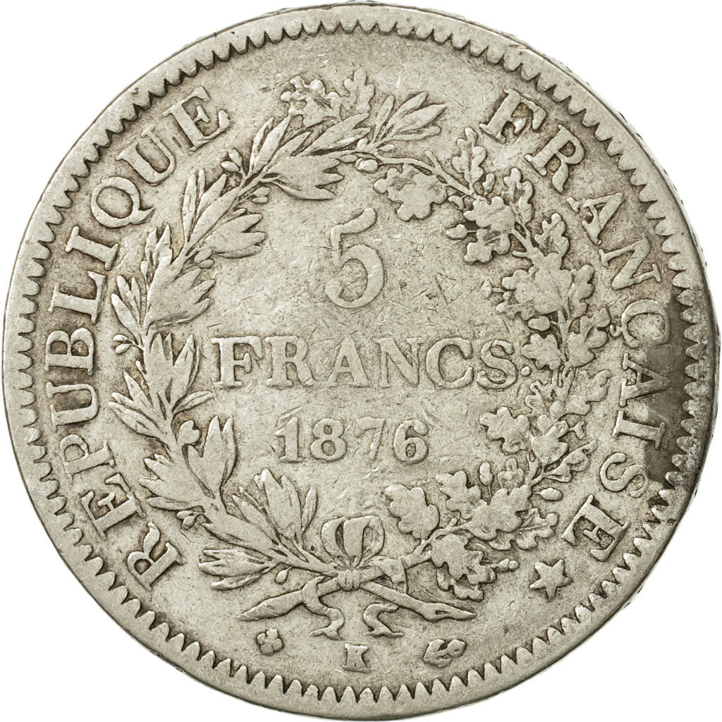 Coin, France, Hercule, 5 Francs, 1876, Bordeaux, VF(30-35), Silver, KM:820.2