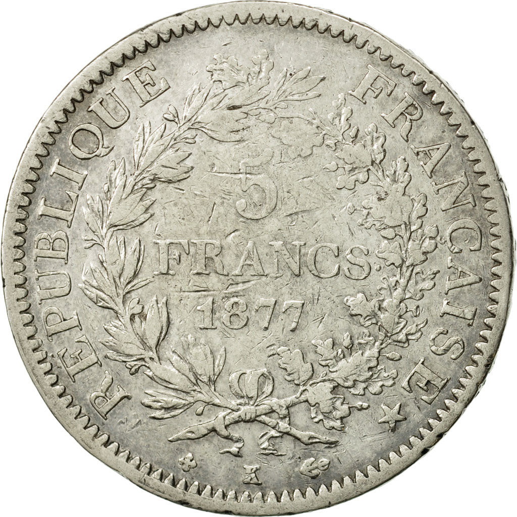 Coin, France, Hercule, 5 Francs, 1877, Bordeaux, VF(30-35), Silver, KM:820.2