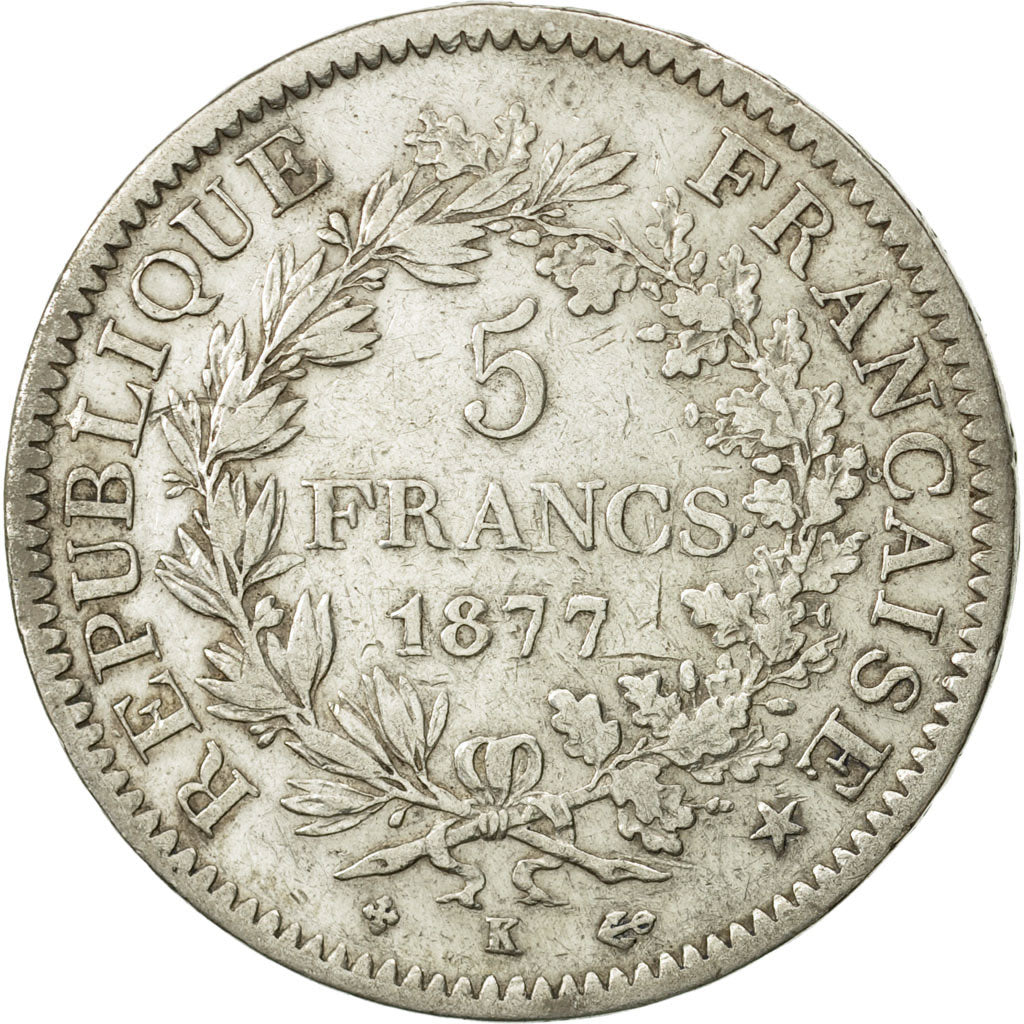 Moneta, Francia, Hercule, 5 Francs, 1877, Bordeaux, MB+, Argento, KM:820.2