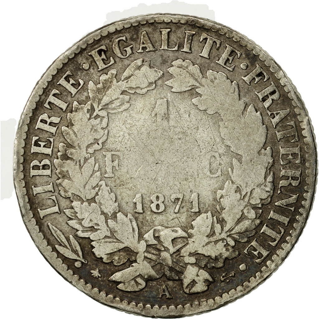 Francia, Cérès, Franc, 1871, Paris, BC, Plata, KM:822.1, Gadoury:465