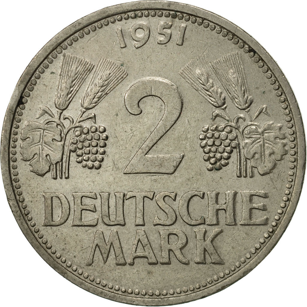 Moneta, Niemcy - RFN, 2 Mark, 1951, Karlsruhe, EF(40-45), Miedź-Nikiel, KM:111