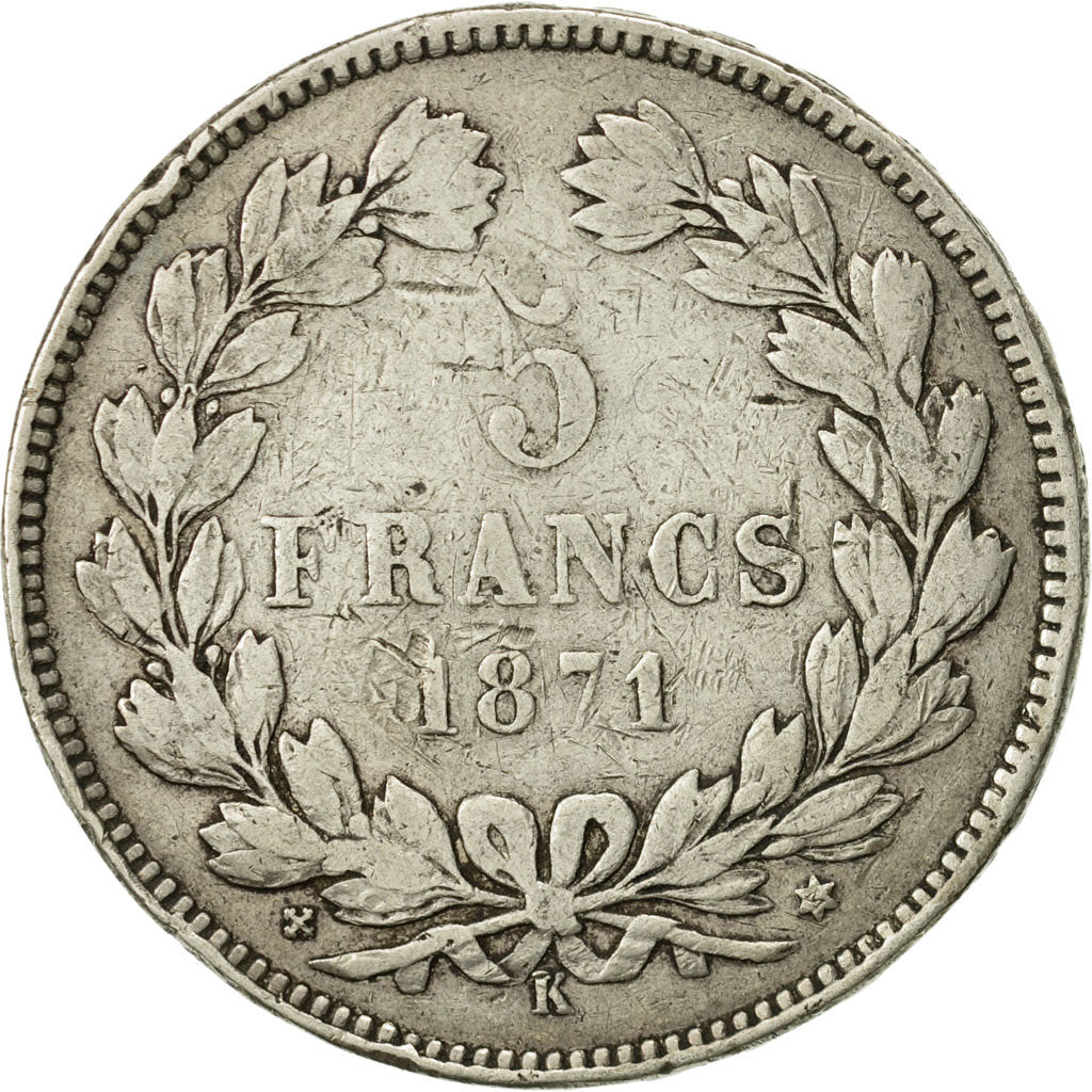 Coin, France, Cérès, 5 Francs, 1871, Bordeaux, VF(20-25), Silver, KM:818.2
