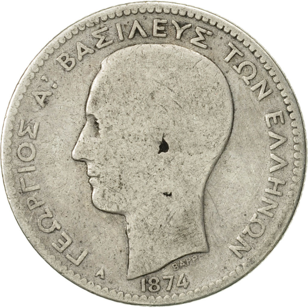 Moneta, Grecia, George I, Drachma, 1874, Paris, B+, Argento, KM:38