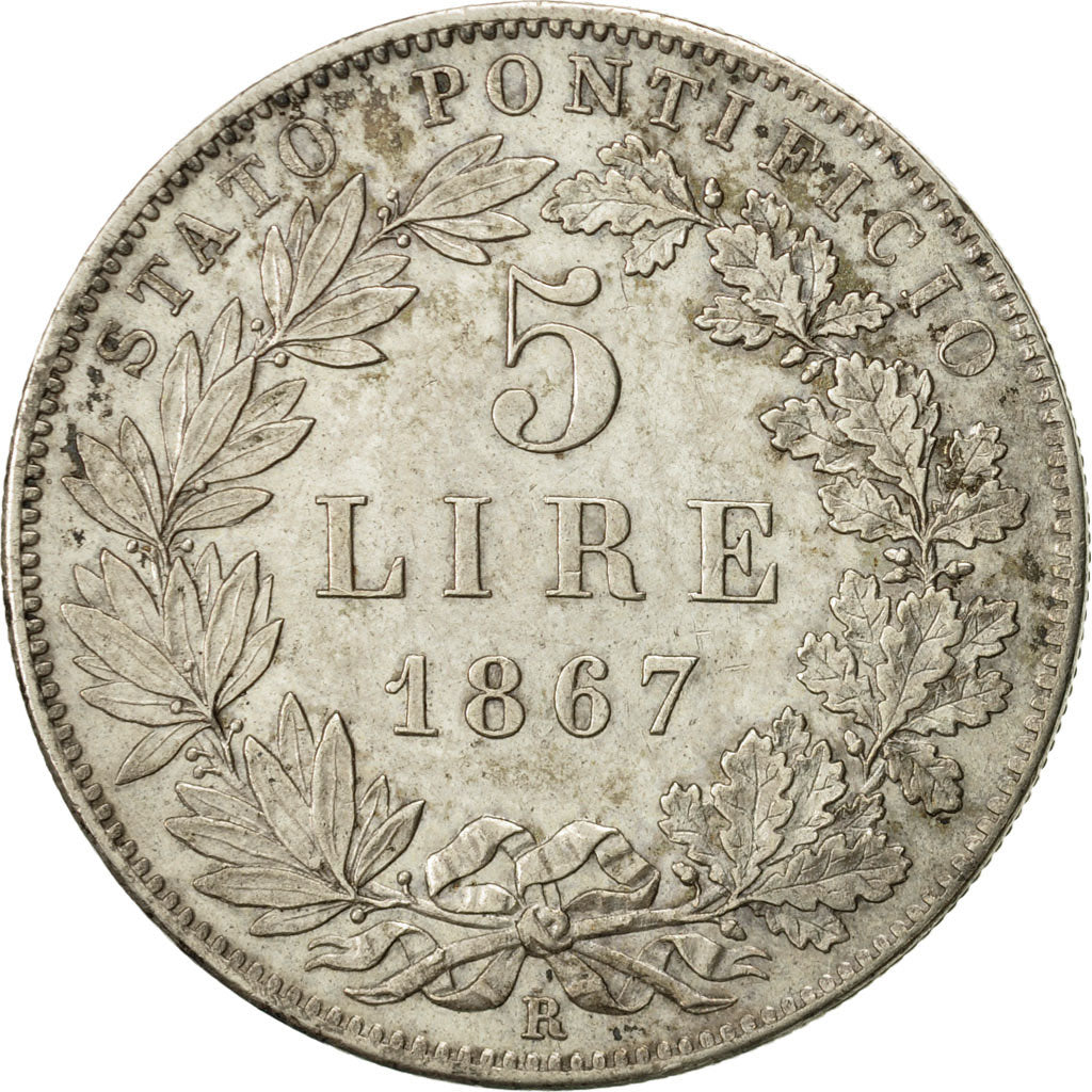 Münze, Italien Staaten, PAPAL STATES, Pius IX, 5 Lire, 1867, Roma, SS+, Silber