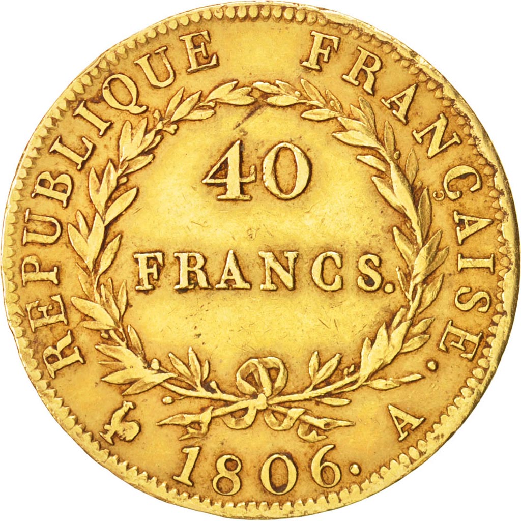 France, Napoleon I, 40 Francs, 1806, Paris, Gold, KM:675.1