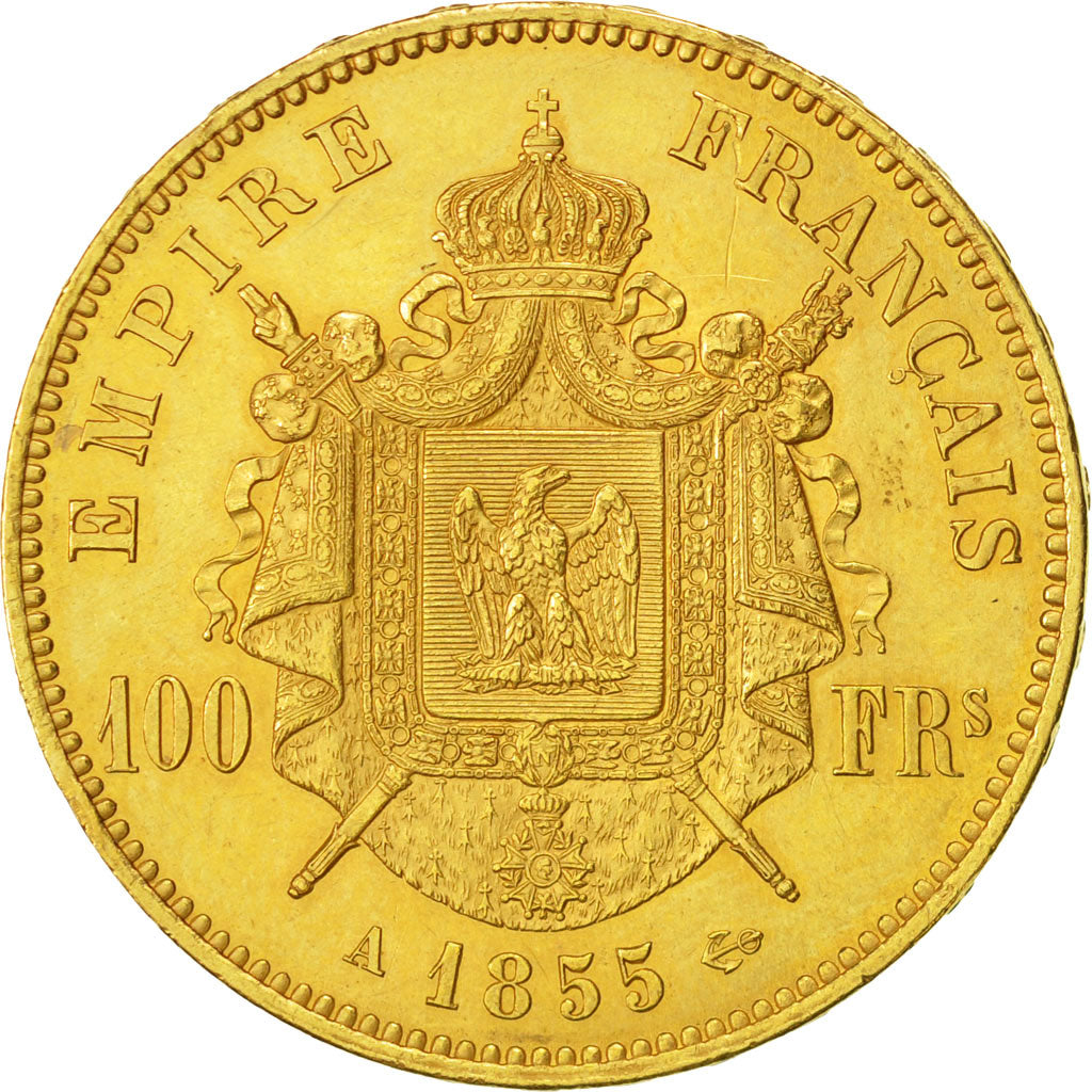 France, Napoleon III, 100 Francs, 1855, Paris, AU(50-53), Gold, KM 786.1