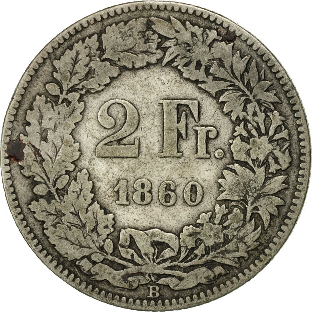Switzerland, 2 Francs, 1860, Bern, VF(30-35), Silver, KM:10a