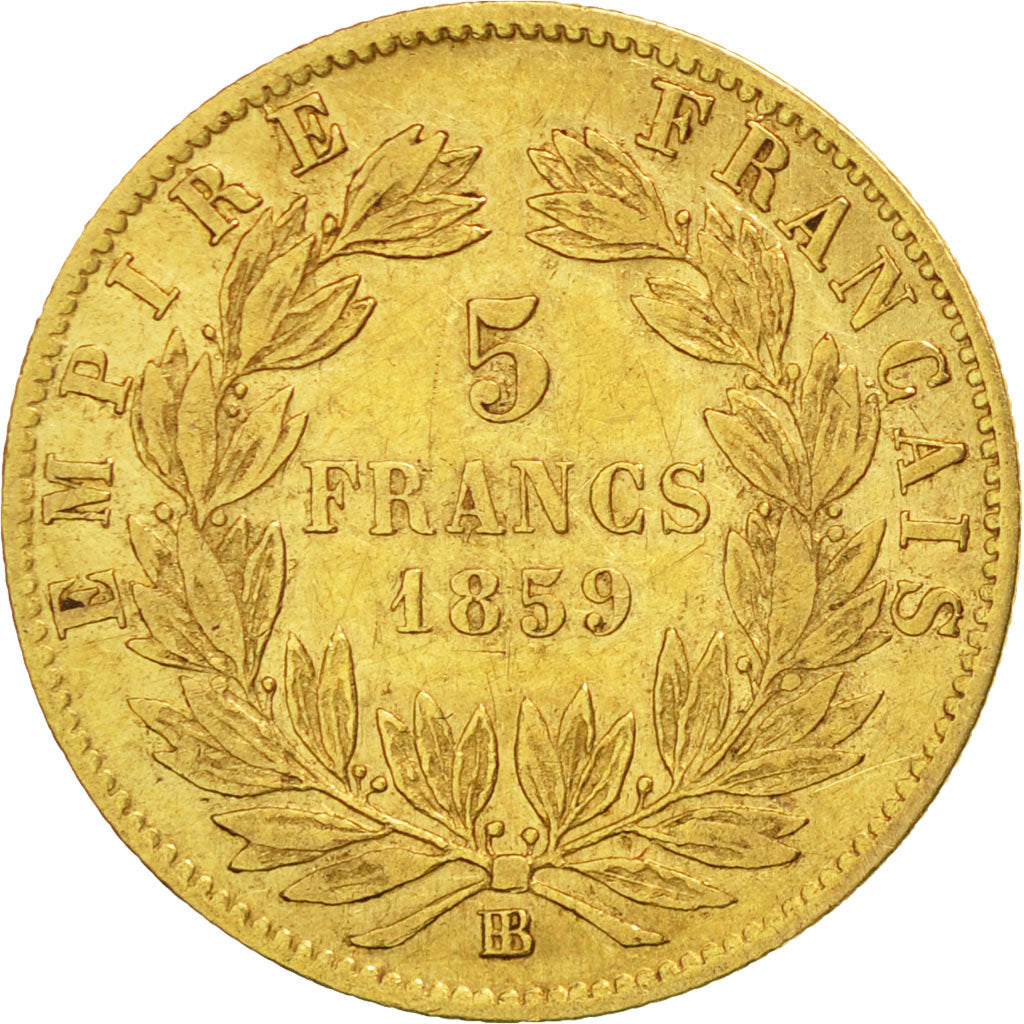 France, Napoleon III, 5 Francs, 1859, Strasbourg, EF(40-45), KM 787.2