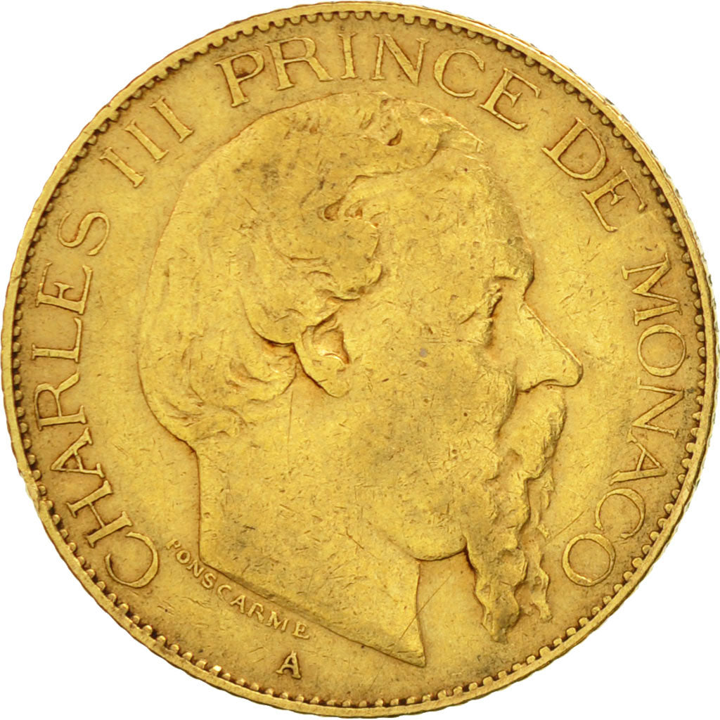 Monaco, Charles III, 20 Francs, Vingt, 1879, Paris, VF(30-35), Gold, KM:98