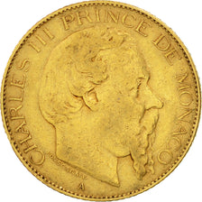 Monaco, Charles III, 20 Francs, Vingt, 1879, Paris, VF(30-35), Gold, KM:98