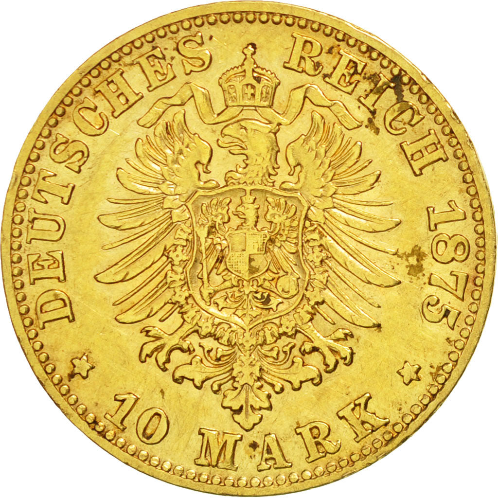 Coin, German States, PRUSSIA, Wilhelm I, 10 Mark, 1875, Cleves, EF(40-45), Gold