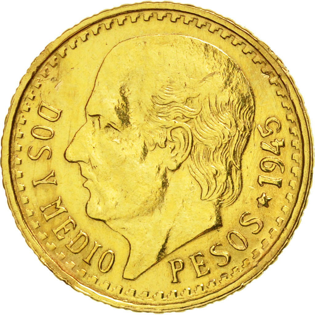 México, 2-1/2 Pesos, 1945, Mexico City, MBC, Oro, KM:463