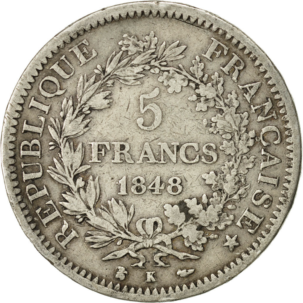 Moneda, Francia, Hercule, 5 Francs, 1848, Bordeaux, BC+, Plata, KM:756.4