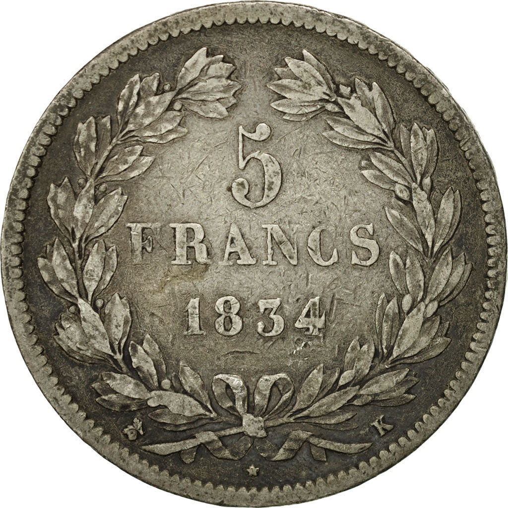 Francia, Louis-Philippe, 5 Francs, 1834, Bordeaux, BB, Argento, KM:749.7
