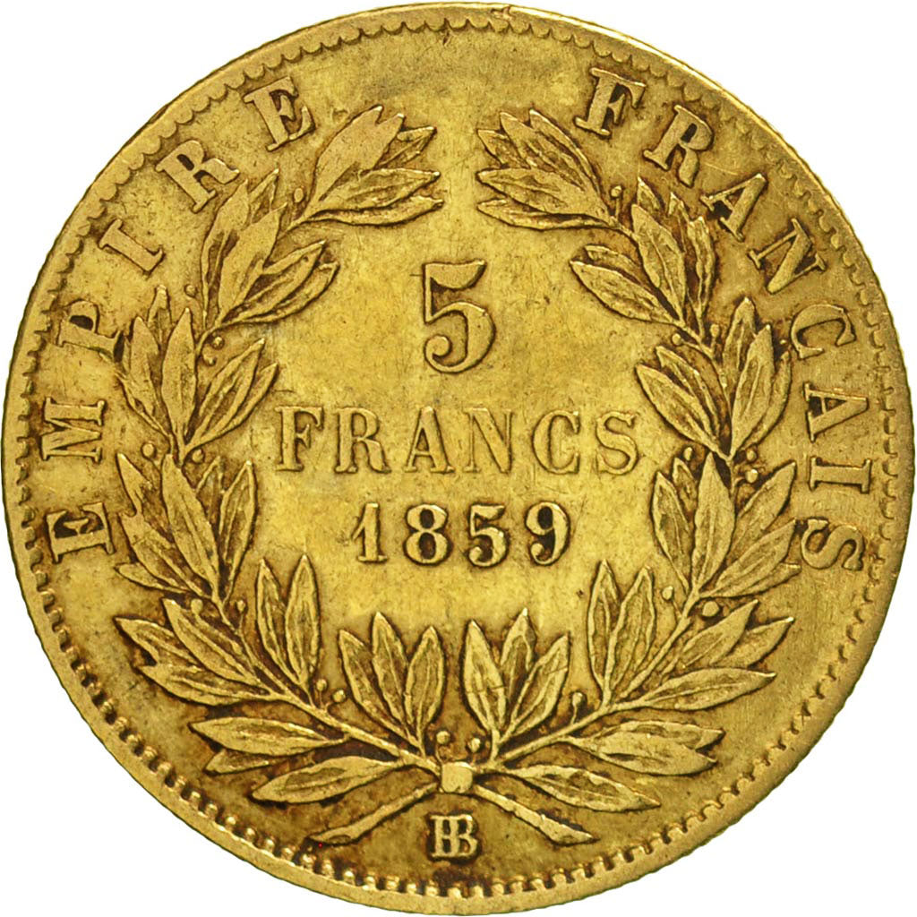 France, Napoleon III, 5 Francs, 1859, Strasbourg,VF(30-35),KM 787.2,Gadoury 1001