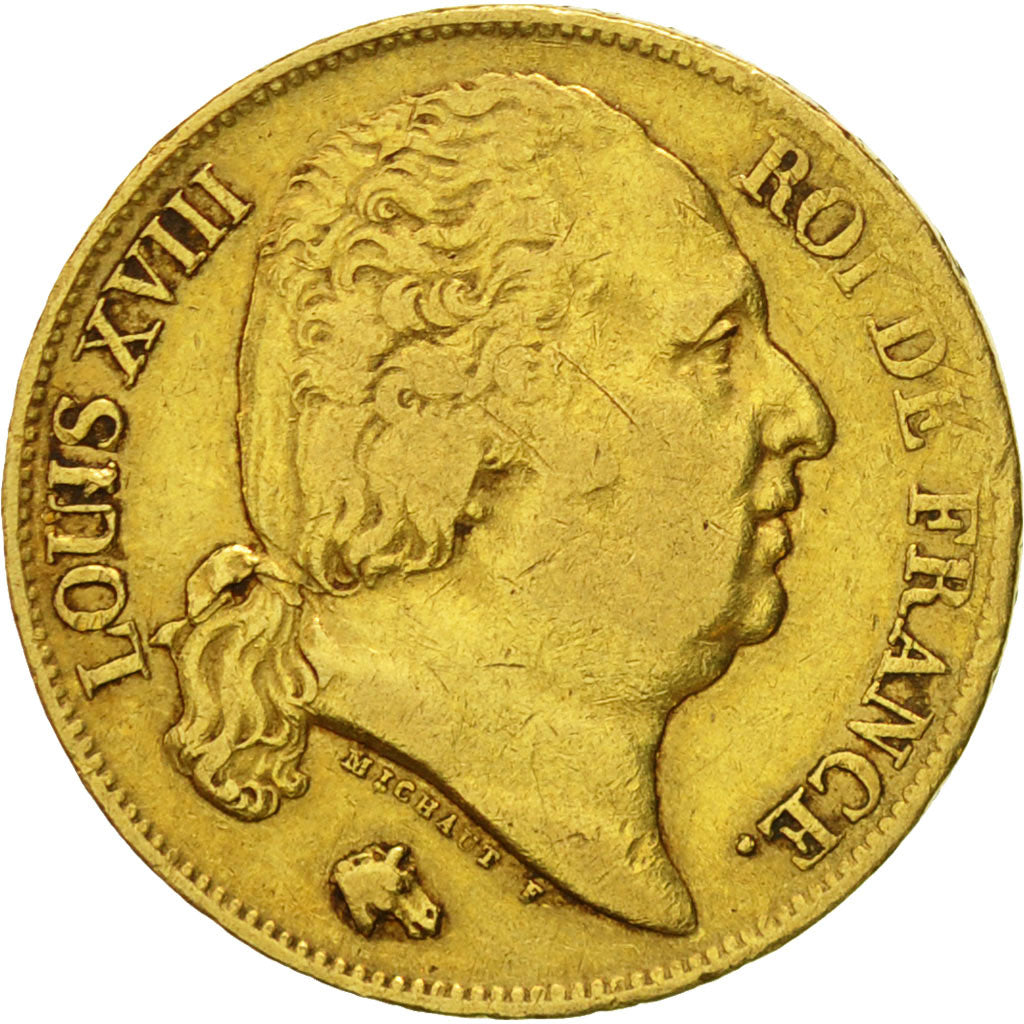 Francia, Louis XVIII, 20 Francs, 1818, Lille, MB+, Oro, KM:712.9