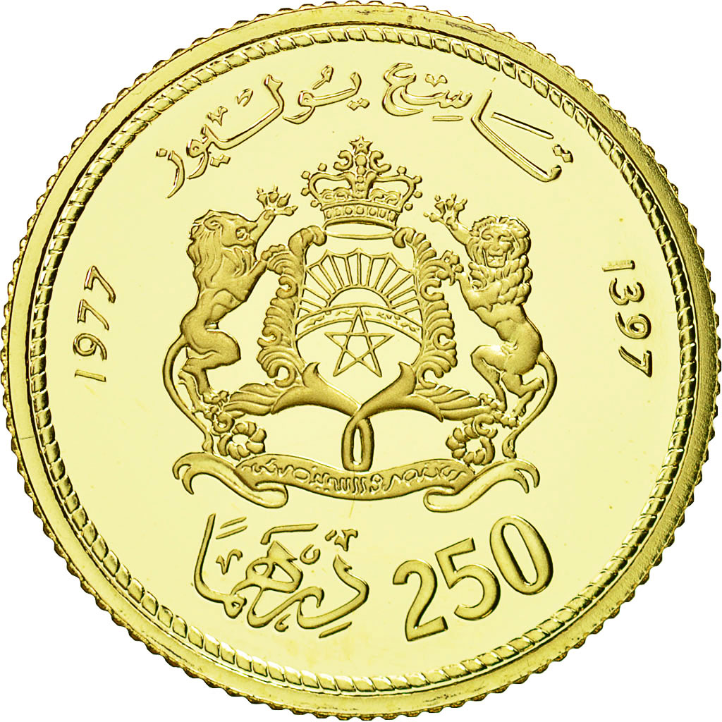Munten, Marokko, al-Hassan II, 250 Dirhams, 1977, FDC, Goud, KM:66