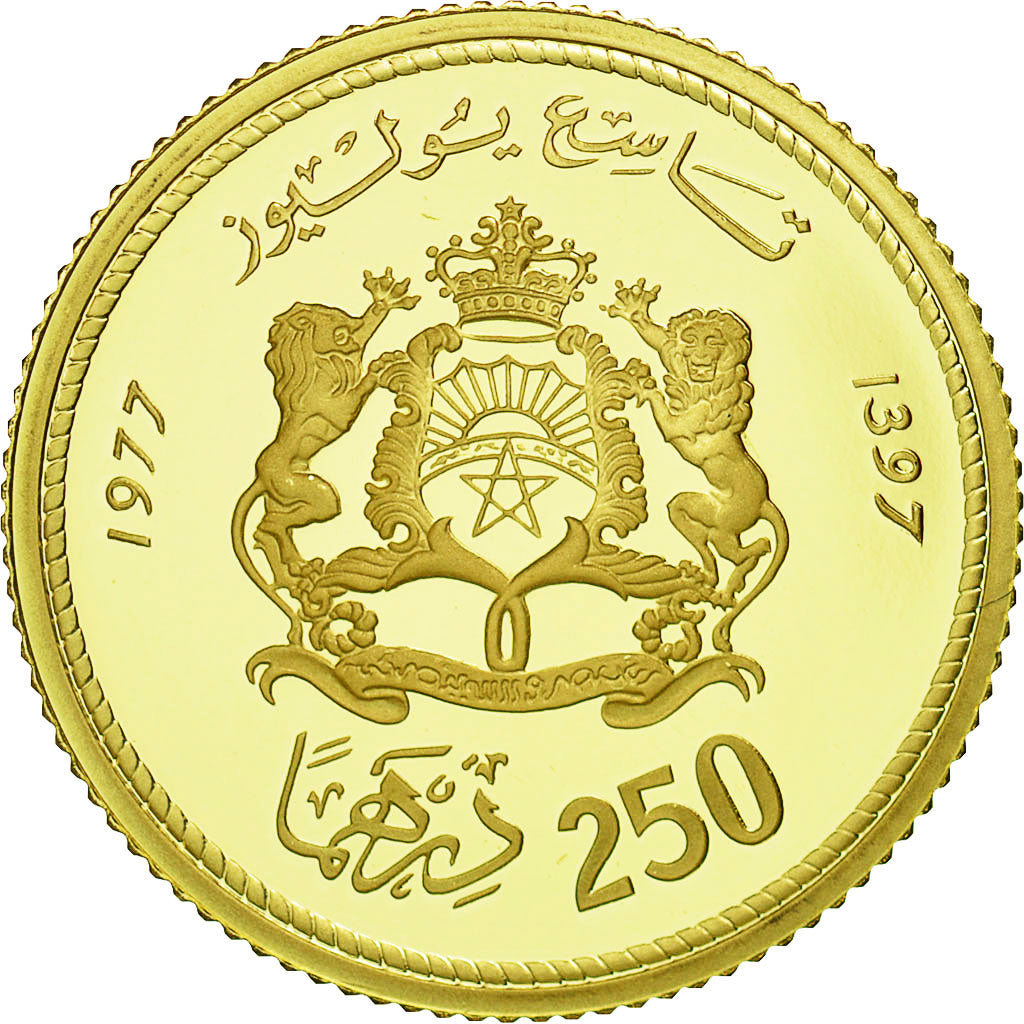 Coin, Morocco, al-Hassan II, 250 Dirhams, 1977, MS(65-70), Gold, KM:66
