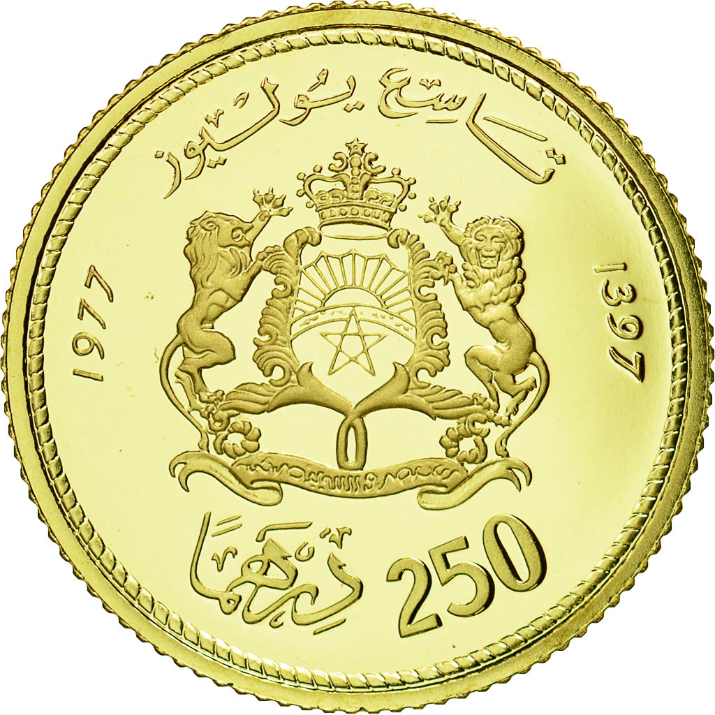 Marocco, al-Hassan II, 250 Dirhams, 1977, FDC, Oro, KM:66