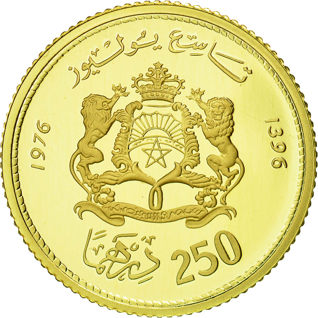 Coin, Morocco, al-Hassan II, 250 Dirhams, 1976, MS(65-70), Gold, KM:66