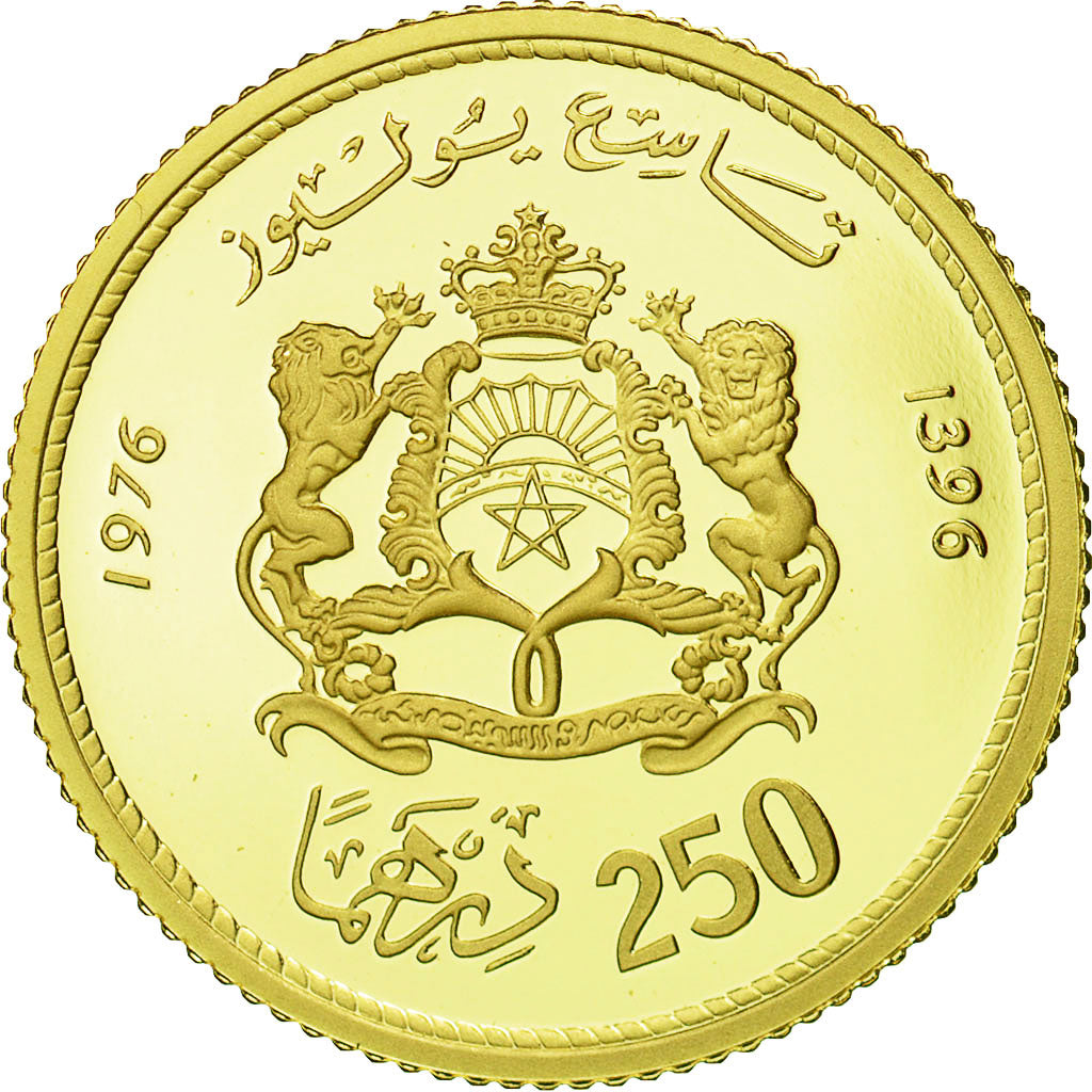 Coin, Morocco, al-Hassan II, 250 Dirhams, 1976, MS(65-70), Gold, KM:66
