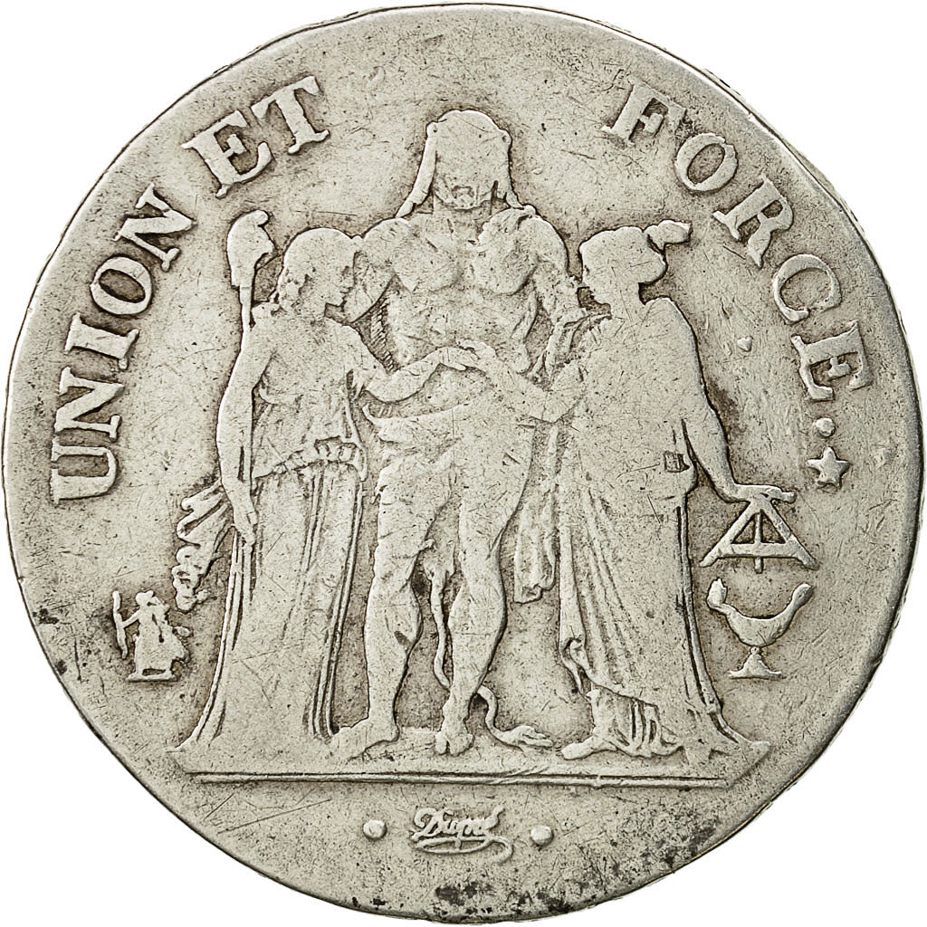 France, Union et Force, 5 Francs, 1801, Bordeaux, VF(20-25), Silver, KM:639.5