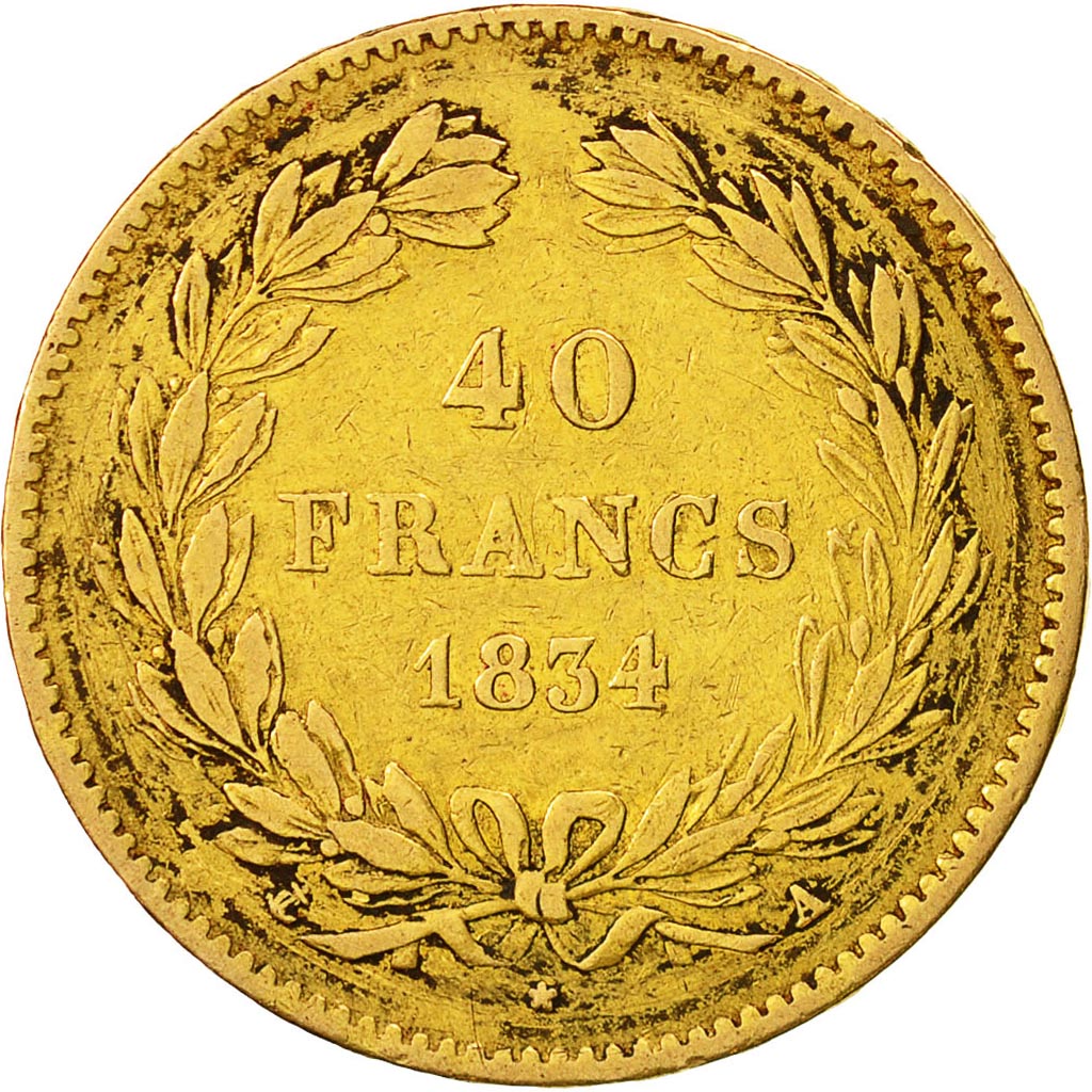 Moneda, Francia, Louis-Philippe, 40 Francs, 1834, Paris, BC+, Oro, KM:747.1