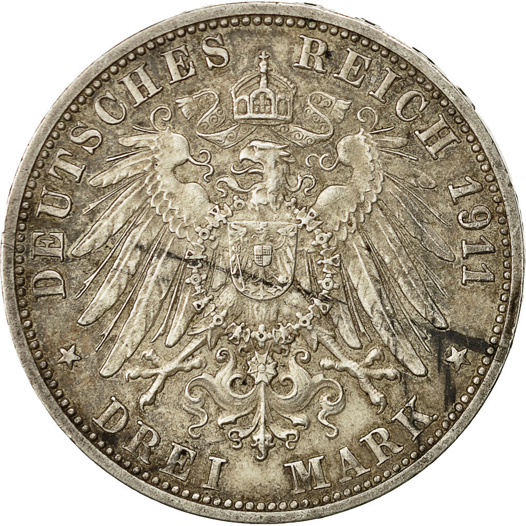 Stati tedeschi, WURTTEMBERG, Wilhelm II, 3 Mark, 1909, Freudenstadt, KM 636