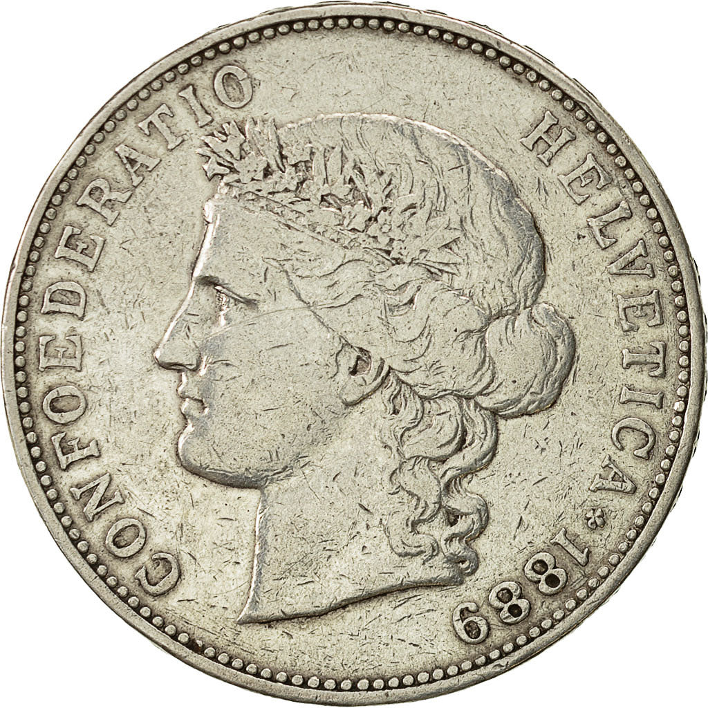 Switzerland, 5 Francs, 1889, Bern, EF(40-45), Silver, KM:34