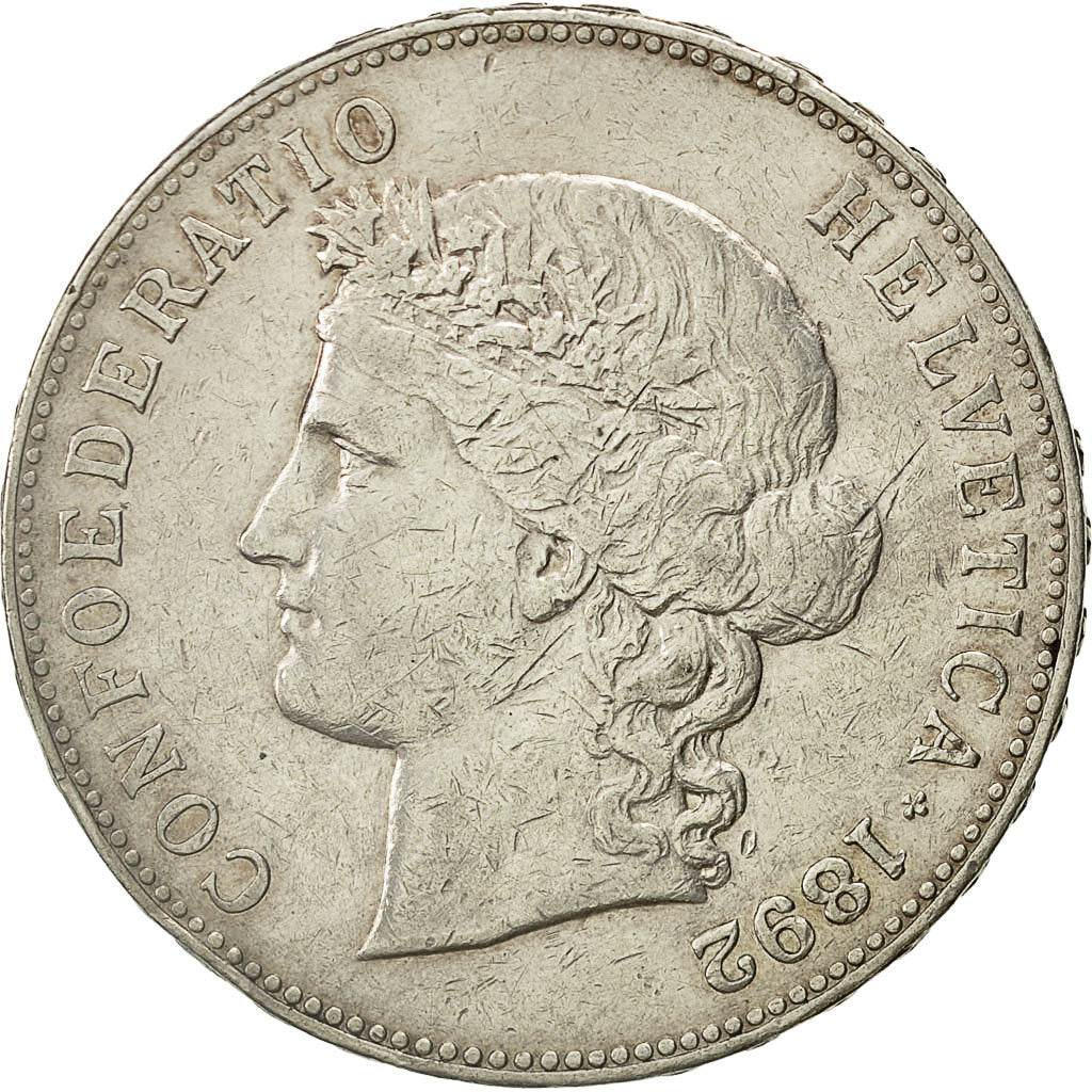 Coin, Switzerland, 5 Francs, 1892, Bern, EF(40-45), Silver, KM:34