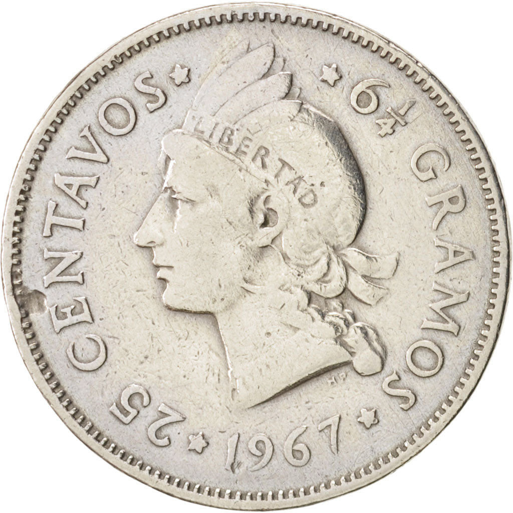 Repubblica domenicana, 25 Centavos, 1967, MB, Rame-nichel, KM:20a.1