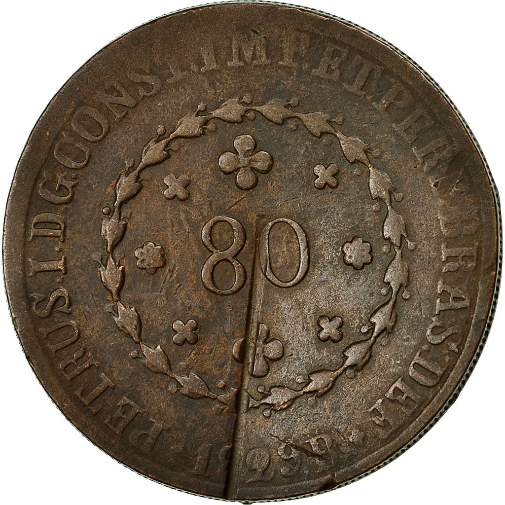 Brazil, Pedro I, 80 Reis, 1829, Bahia, VF(20-25), Copper, KM:366.2