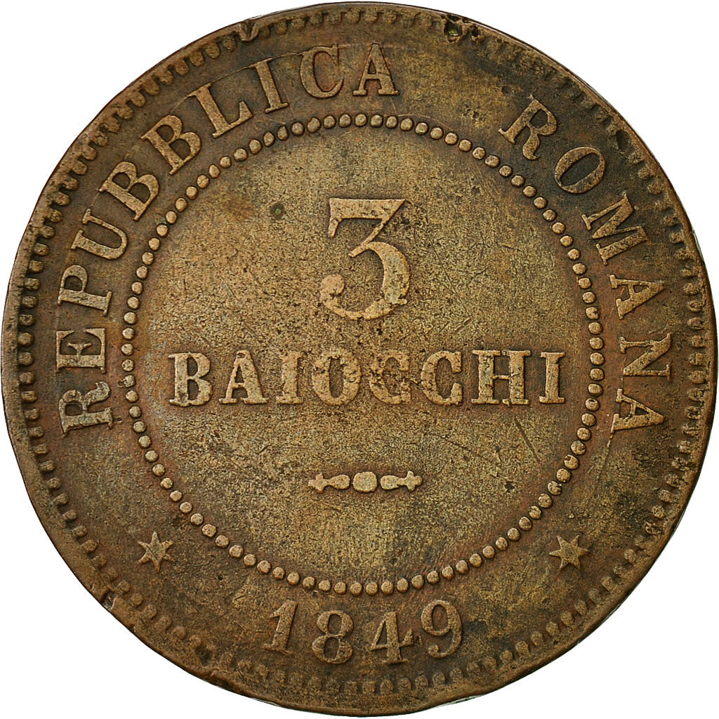 Moneda, Estados italianos, ROMAN REPUBLIC, 3 Baiocchi, 1849, MBC, Cobre, KM:23.2