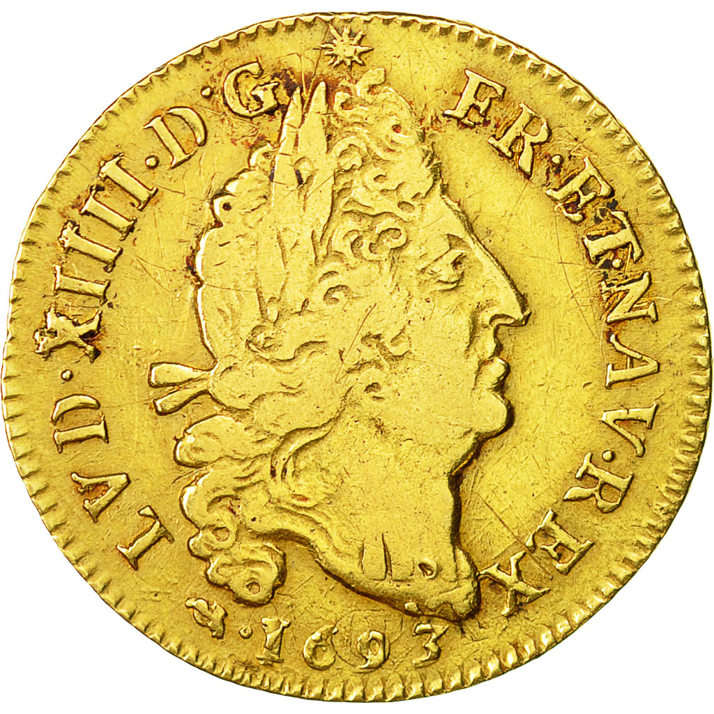 Coin, France, Louis XIV, Louis d'or aux 4 L, Louis d'Or, 1693, Lyons, VF(30-35)