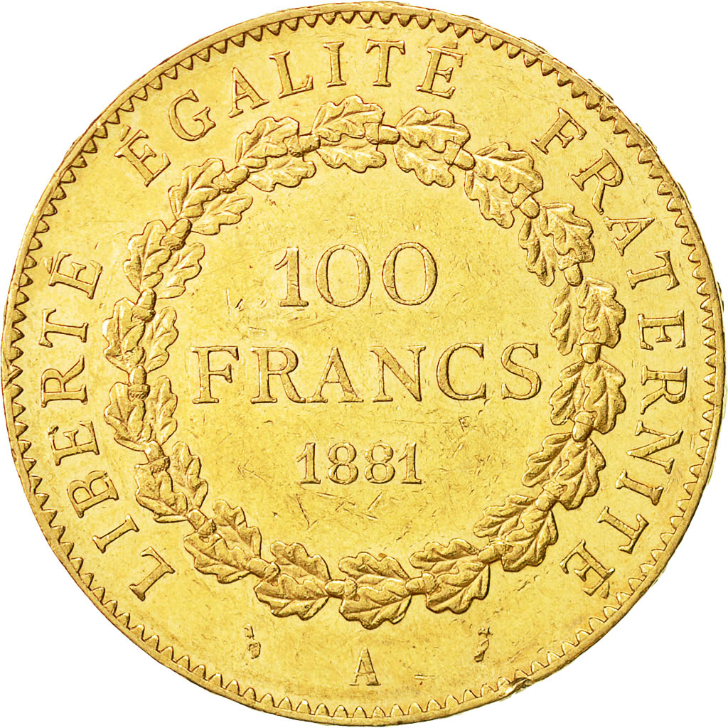Moneda, Francia, Génie, 100 Francs, 1881, Paris, MBC+, Oro, KM:832
