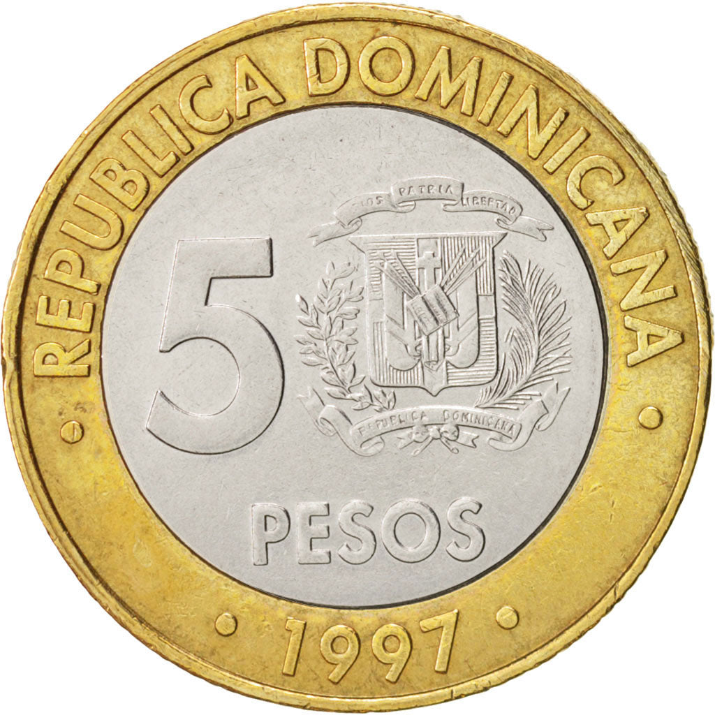 Coin, Dominican Republic, 5 Pesos, 1997, AU(50-53), Bi-Metallic, KM:88