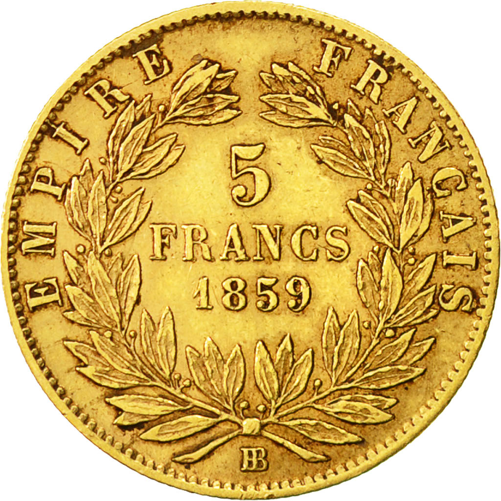 Moneda, Francia, Napoleon III, Napoléon III, 5 Francs, 1859, Strasbourg, MBC