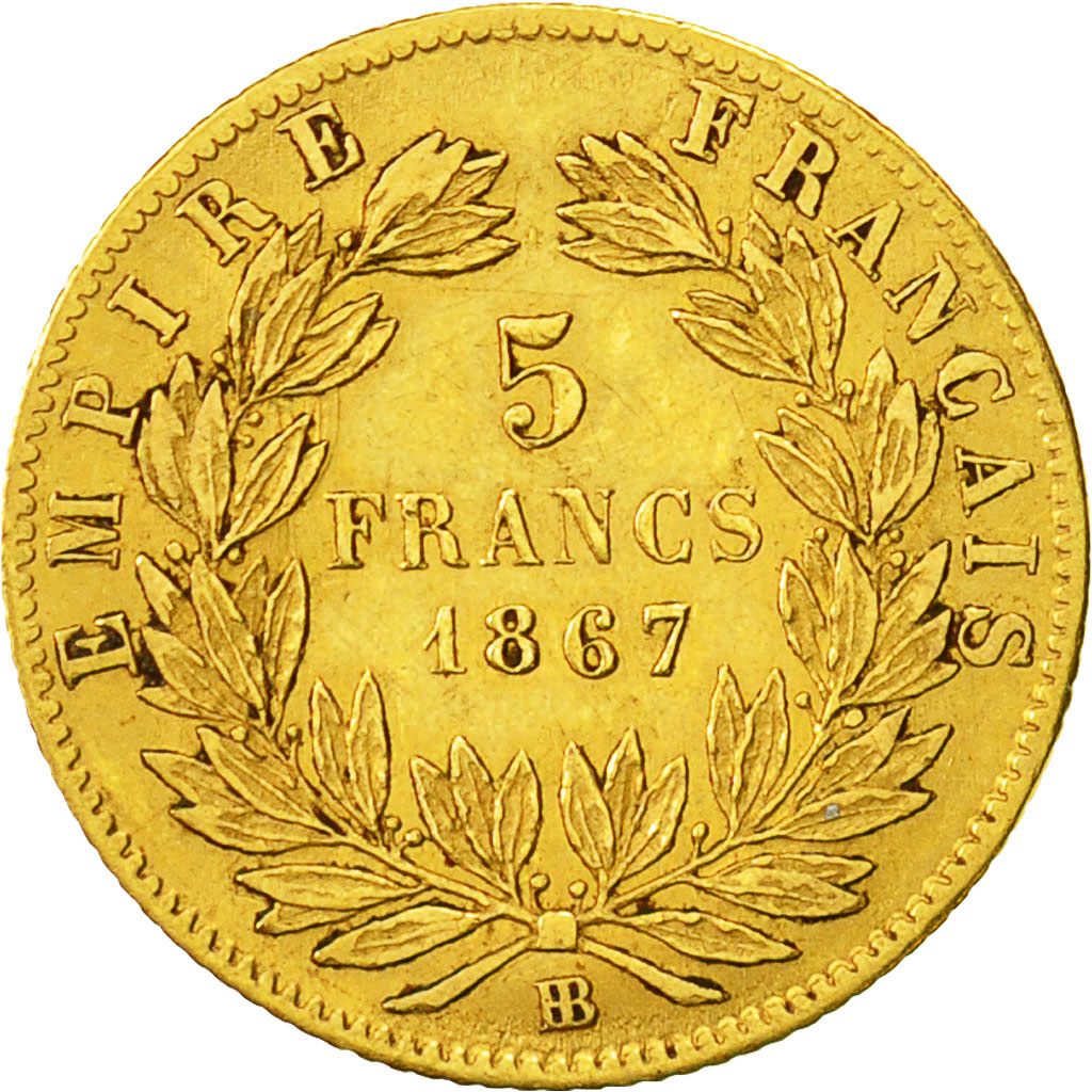 Coin, France, Napoleon III, 5 Francs, 1867, Strasbourg, KM 803.2, Gadoury 1002