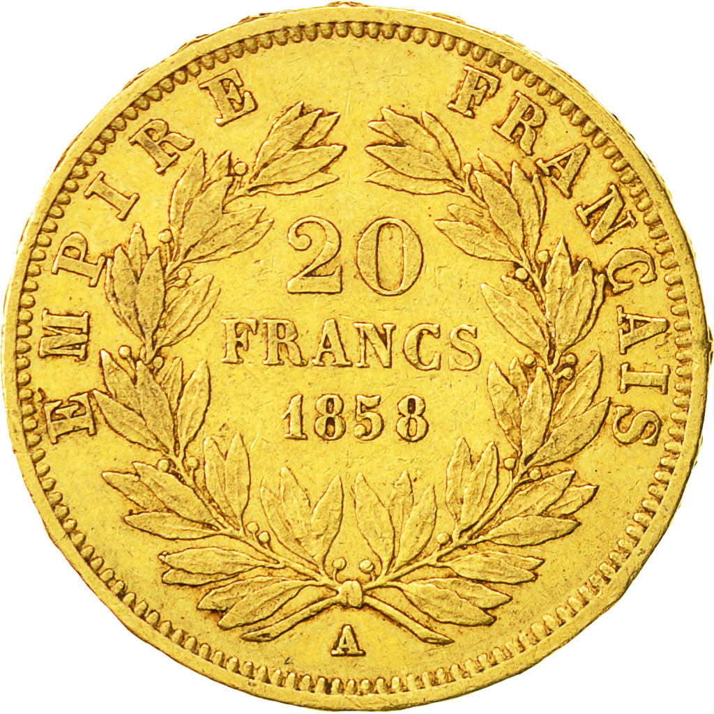Coin, France, Napoleon III, 20 Francs, 1858, Paris, EF(40-45), KM 781.1