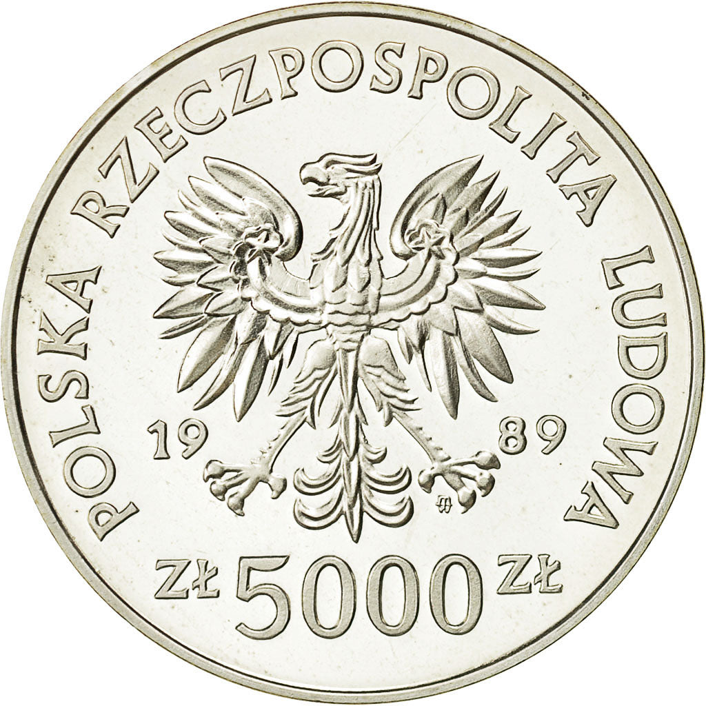 Coin, Poland, 5000 Zlotych, 1989, Warsaw, MS(65-70), Silver, KM:193