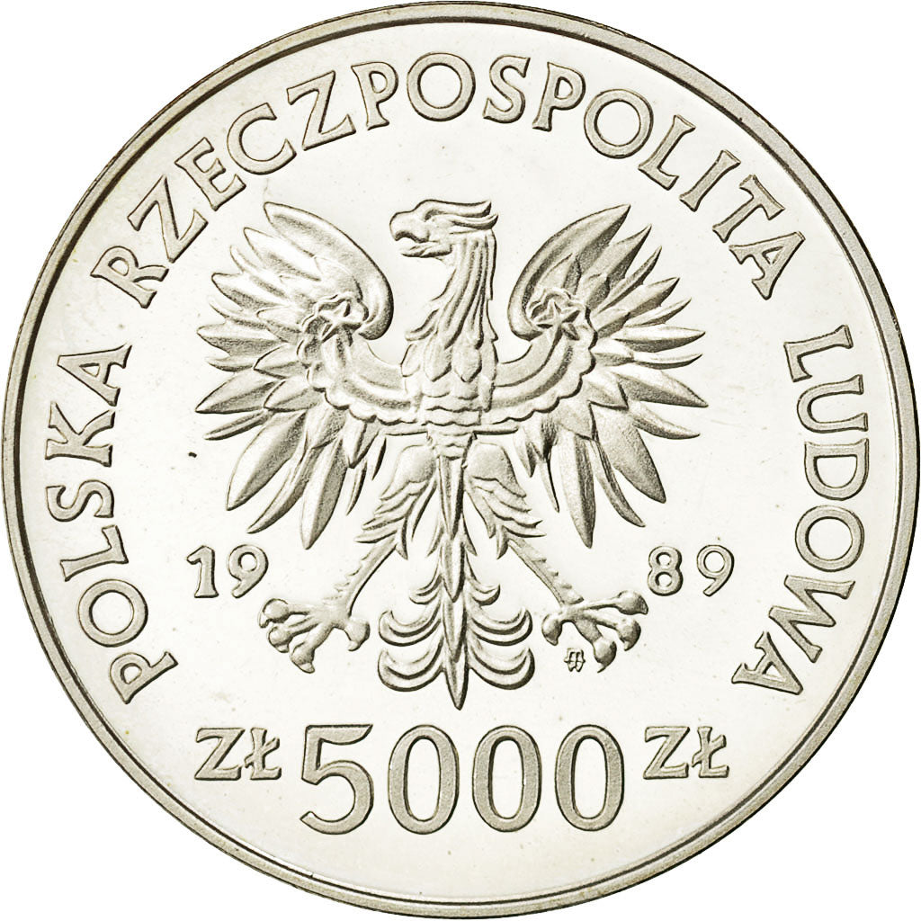 Coin, Poland, 5000 Zlotych, 1989, Warsaw, MS(65-70), Silver, KM:192