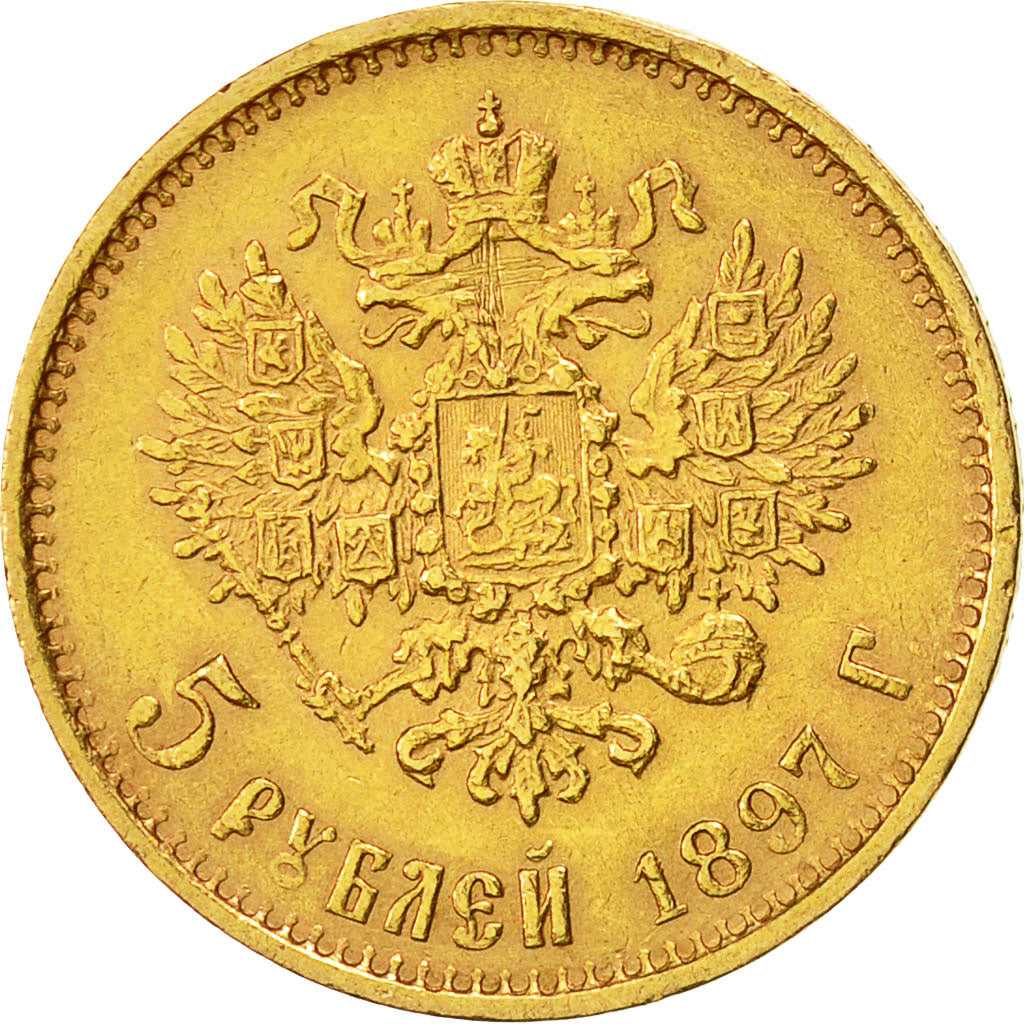 Munten, Rusland, Nicholas II, 5 Roubles, 1897, St. Petersburg, ZF, Goud, KM:62