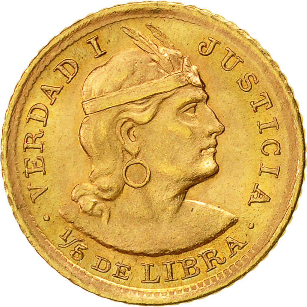 Coin, Peru, 1/5 Libra, Pound, 1966, Lima, MS(63), Gold, KM:210